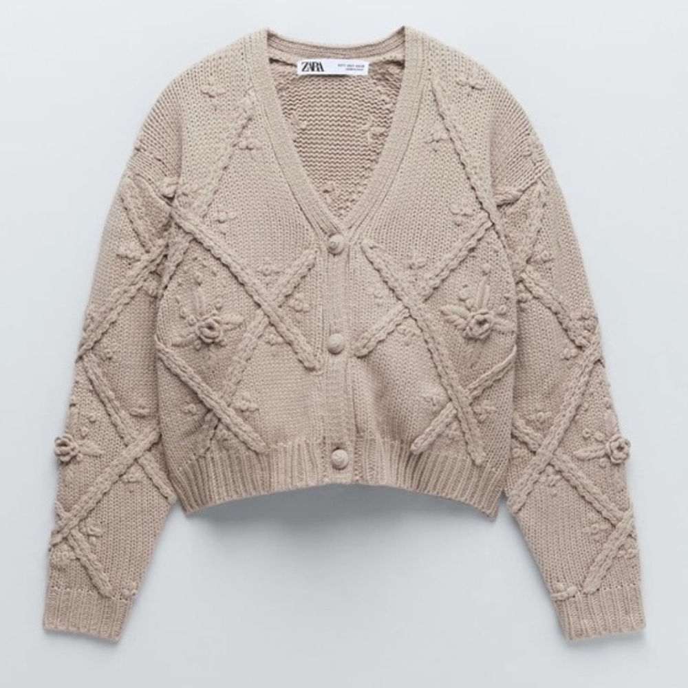 Zara Women's Beige Handmade Rosette Cardigan Sweater-Size S-Taupe-NWT - Picture 1 of 6